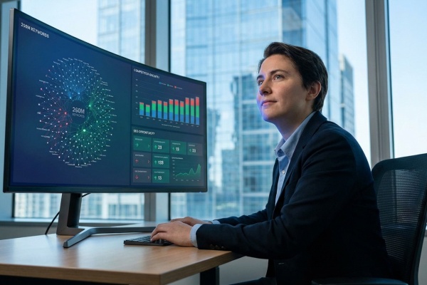 Une personne analyse des données SEO complexes sur un grand écran dans un bureau moderne, avec des graphiques de mots-clés et de croissance concurrentielle.