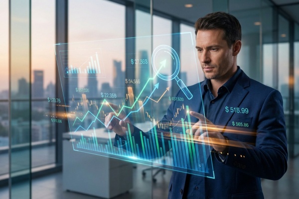 Homme analysant des graphiques et chiffres holographiques d'audit SEO. Loupe et données financières en avant-plan.