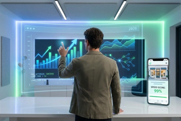 Homme interagissant avec un écran holographique montrant des données SEO, des graphiques de croissance et un score de vitesse de 99% sur smartphone.