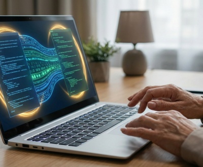 Mains tapant sur un clavier d'ordinateur portable affichant des lignes de code et des flux de données lumineux, symbolisant une migration de données sécurisée.