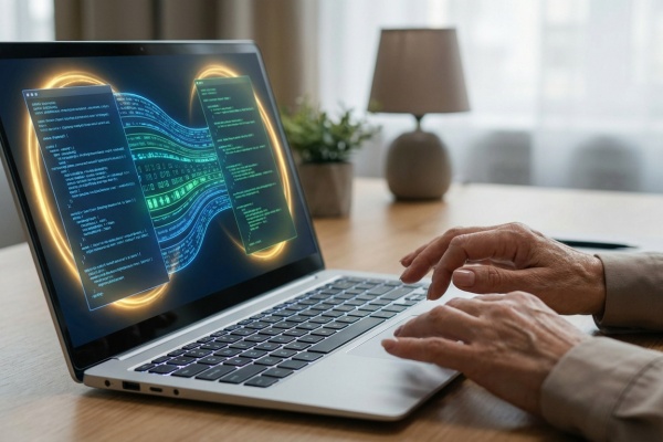 Mains tapant sur un clavier d'ordinateur portable affichant des lignes de code et des flux de données lumineux, symbolisant une migration de données sécurisée.
