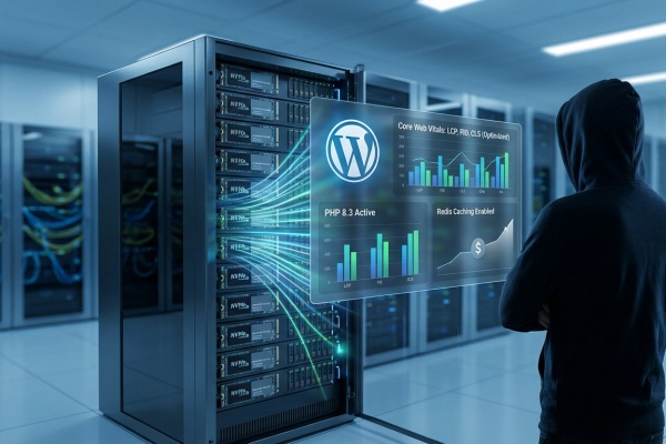 Un professionnel analyse les métriques de performance WordPress (Core Web Vitals, PHP, Redis) sur un écran holographique dans un data center.