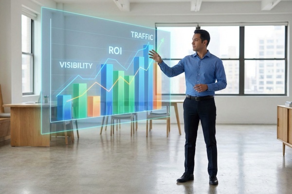 Homme d'affaires présentant un graphique holographique des performances SEO (visibilité, trafic, ROI) dans un bureau lumineux.