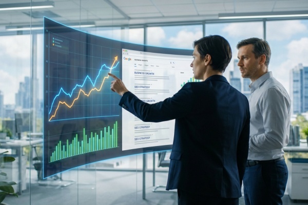 Deux hommes en bureau moderne analysent des graphiques de croissance business et stratégie SEO sur un écran interactif transparent.