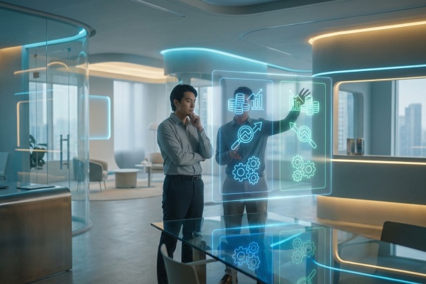 Deux hommes dans un bureau moderne interagissent avec un affichage holographique d'icônes de données et de processus.