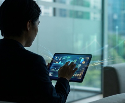 Personne analysant des données et graphiques sur tablette, avec des flèches de croissance en fond. Optimisation e-commerce.