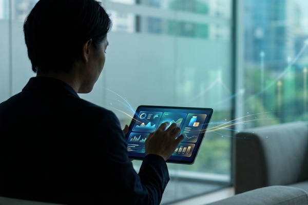 Personne analysant des données et graphiques sur tablette, avec des flèches de croissance en fond. Optimisation e-commerce.