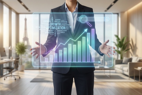 Personne en costume présentant un graphique de croissance SEO holographique dans un bureau moderne avec vue sur la Tour Eiffel.