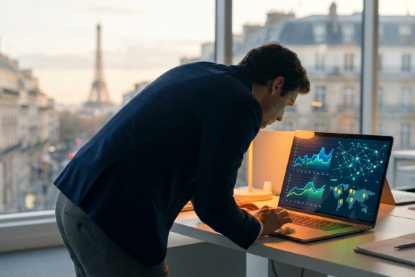 Un freelance SEO analyse des tableaux de bord sur un laptop, avec la Tour Eiffel et les toits de Paris en arrière-plan.