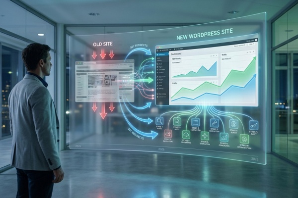 Homme devant un écran holographique montrant la migration d'un ancien site vers un nouveau site WordPress avec amélioration SEO, via redirections 301 et étapes clés.