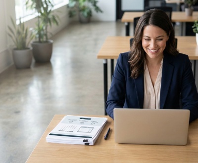 Femme coach souriante travaillant sur son site web avec un ordinateur portable dans un bureau moderne et lumineux.