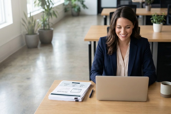 Femme coach souriante travaillant sur son site web avec un ordinateur portable dans un bureau moderne et lumineux.
