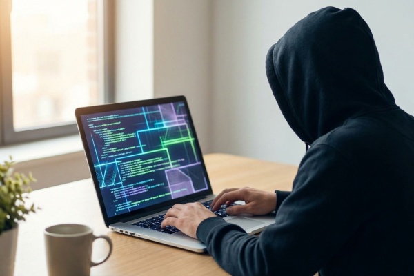 Personne en sweat à capuche noir code sur un ordinateur portable. L'écran affiche du code lumineux. Une plante et une tasse sur la table.