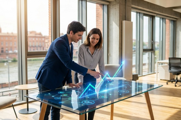 Deux collègues analysent une projection de croissance SEO sur une table interactive, avec la ville de Toulouse en arrière-plan.