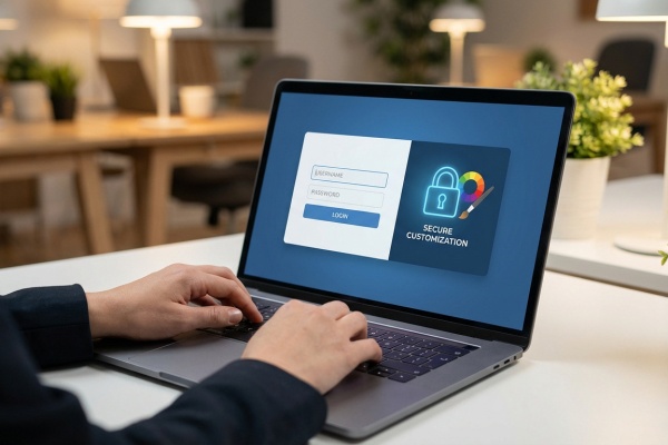 Personne tapant sur un ordinateur portable affichant une page de connexion avec des icônes de sécurité et de personnalisation.
