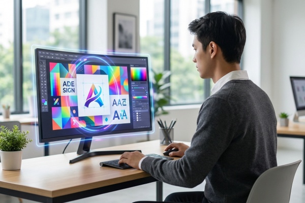 Homme travaillant sur un logiciel de design pour créer un logo coloré en forme de 'A' sur un écran. Le bureau est lumineux et moderne.