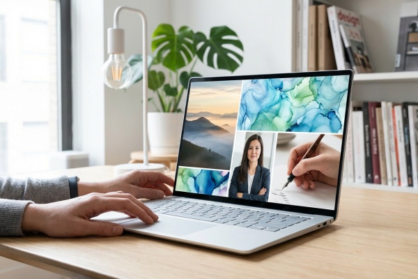 Mains tapant sur un ordinateur portable affichant une mosaïque d'images: paysage, art abstrait, portrait, signature. Bureau lumineux.