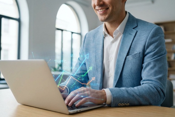 Un homme souriant travaille sur un ordinateur portable, devant des graphiques holographiques d'augmentation de SEO, trafic et croissance.