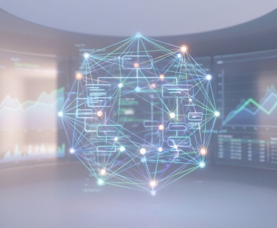 Vue futuriste d'un sitemap numérique avec des nœuds interconnectés et des écrans affichant des graphiques de performance.