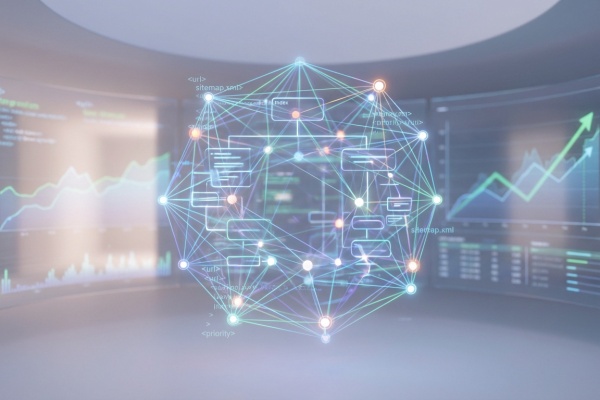 Vue futuriste d'un sitemap numérique avec des nœuds interconnectés et des écrans affichant des graphiques de performance.