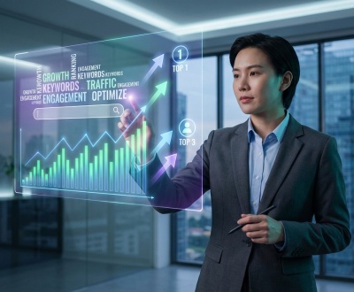 Professionnel interagit avec écran holographique affichant des données SEO: croissance, trafic, mots-clés. Contexte urbain moderne.