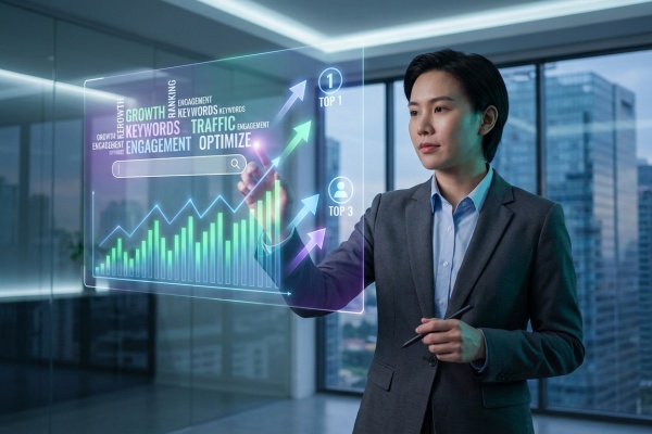 Professionnel interagit avec écran holographique affichant des données SEO: croissance, trafic, mots-clés. Contexte urbain moderne.