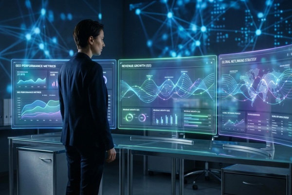 Personne en costume face à trois écrans holographiques affichant métriques SEO, revenus et stratégie numérique.