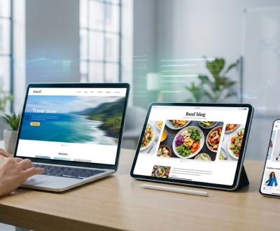 Mains tapant sur un ordinateur portable affichant un slider voyage. Une tablette et un smartphone montrent des sites web responsifs.