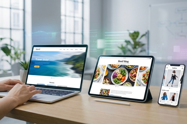 Mains tapant sur un ordinateur portable affichant un slider voyage. Une tablette et un smartphone montrent des sites web responsifs.
