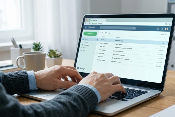 Personne tapant sur un ordinateur portable affichant une interface webmail avec la boîte de réception et des emails listés.