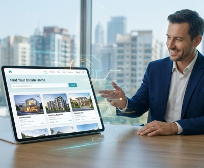 Homme en costume présente un site immobilier interactif sur tablette avec des projections futuristes, face à une ville moderne.