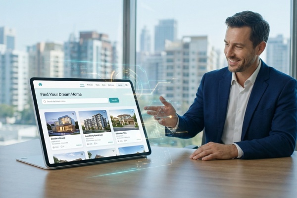 Homme en costume présente un site immobilier interactif sur tablette avec des projections futuristes, face à une ville moderne.