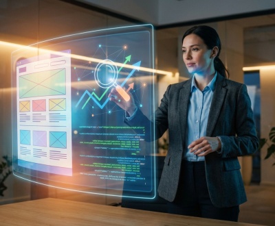 Femme en blazer interagit avec un écran holographique. On y voit des wireframes, graphiques de croissance et code.