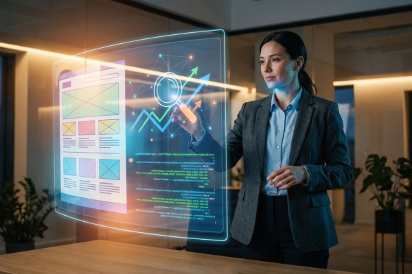 Femme en blazer interagit avec un écran holographique. On y voit des wireframes, graphiques de croissance et code.