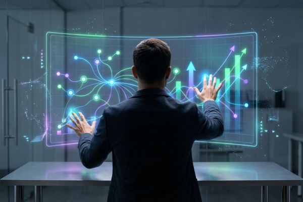 Homme de dos interagissant avec un écran holographique affichant des graphiques de croissance et des réseaux de données pour analyse SEO.