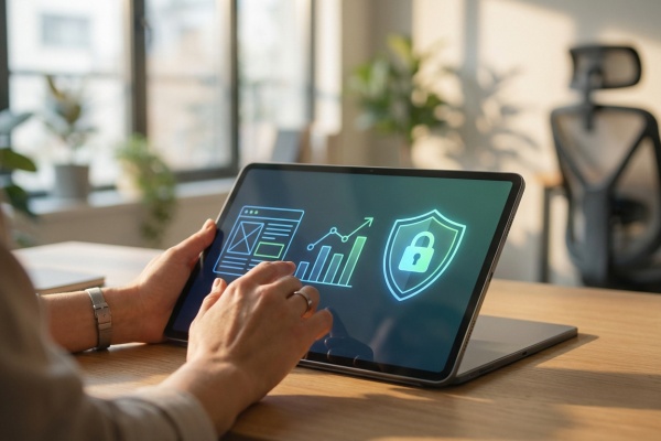 Personne utilisant une tablette affichant des icônes de gestion de site, d'analyse de données et de sécurité (cadenas sur bouclier).