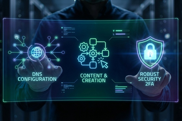 Homme interagissant avec un écran holographique affichant la configuration DNS, la création de contenu et la sécurité robuste (2FA).