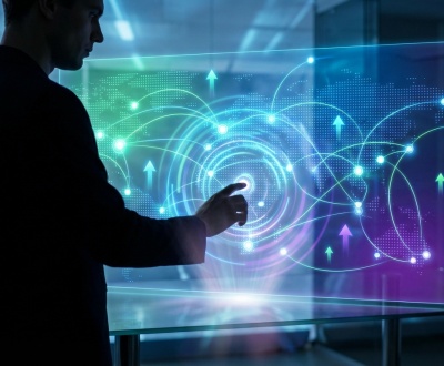 Silhouette d'un homme touchant un écran futuriste affichant une carte du monde et un réseau de connexions lumineuses avec flèches de croissance.