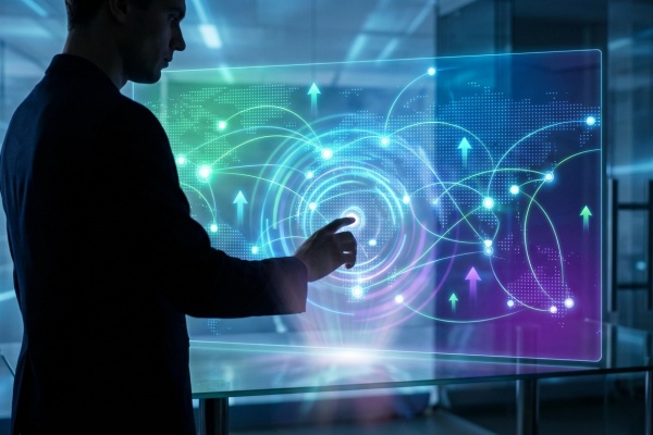 Silhouette d'un homme touchant un écran futuriste affichant une carte du monde et un réseau de connexions lumineuses avec flèches de croissance.