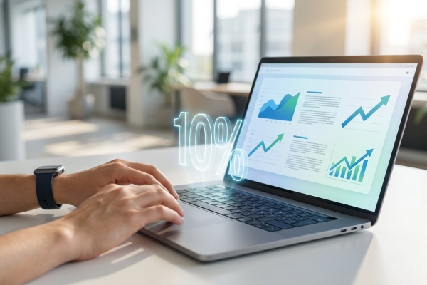 Mains tapant sur un laptop. L'écran affiche des graphiques de performance SEO en hausse. Un 