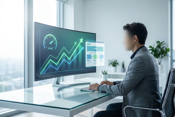 Un homme analyse des graphiques de croissance et de performance SEO sur un grand écran dans un bureau moderne. Optimisation digitale.