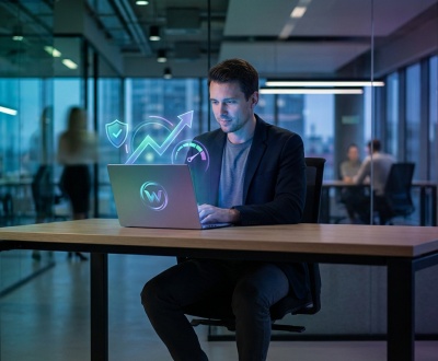 Un homme utilise un laptop affichant des icônes d'optimisation (croissance, sécurité, performance) et le logo WordPress dans un bureau moderne.