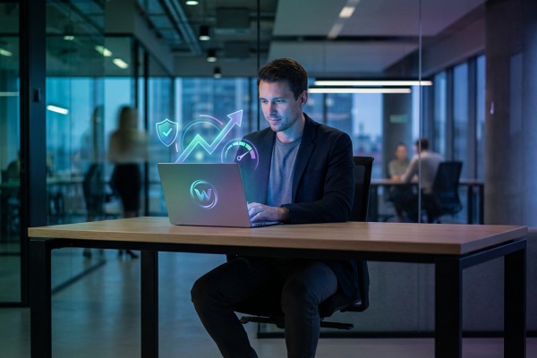 Un homme utilise un laptop affichant des icônes d'optimisation (croissance, sécurité, performance) et le logo WordPress dans un bureau moderne.