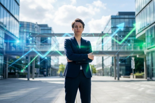 Femme d'affaires en costume devant des immeubles modernes. Des flèches et graphiques numériques illustrent la croissance et le succès.
