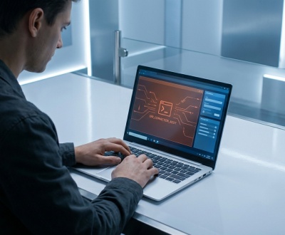 Un homme tape sur un ordinateur portable affichant l'erreur 