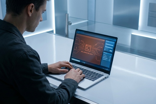 Un homme tape sur un ordinateur portable affichant l'erreur 