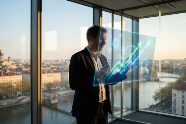 Homme en costume devant une fenêtre panoramique de Lyon, consultant des graphiques de croissance SEO sur une interface holographique.