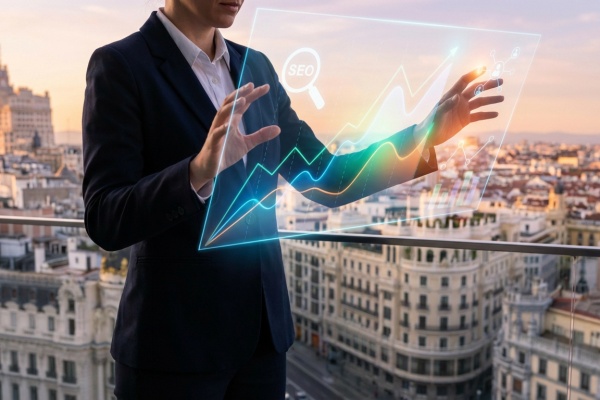Femme en costume interagissant avec un écran holographique affichant des graphiques de croissance, une loupe SEO et des icônes de réseau, sur fond de ville au coucher du soleil.