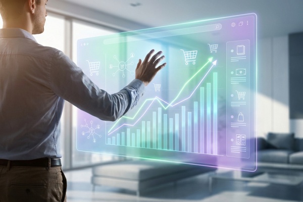 Un homme interagit avec un écran holographique affichant des graphiques de croissance e-commerce, icônes de panier et données d'analyse.